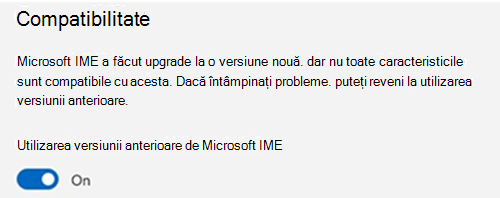 Captură de ecran a secțiunii de compatibilitate Microsoft IME