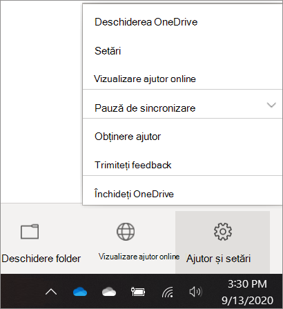Captură de ecran a accesării Setărilor OneDrive