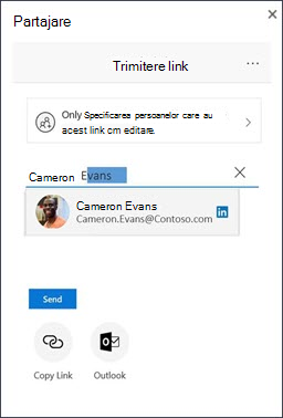 Caseta de dialog de partajare în OneDrive cu o persoană de contact LinkedIn sugerată