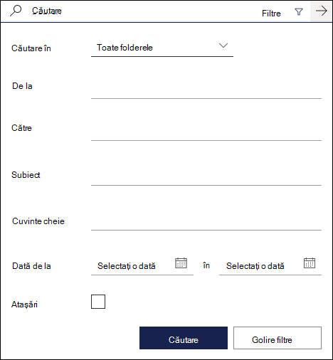 Caseta de căutare din Outlook pe web afișând filtrele disponibile