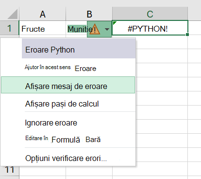 O eroare într-o celulă Python din Excel, cu meniul de eroare deschis.