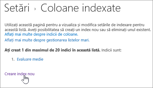 Pagina Coloane indexate cu crearea unui index nou evidențiat