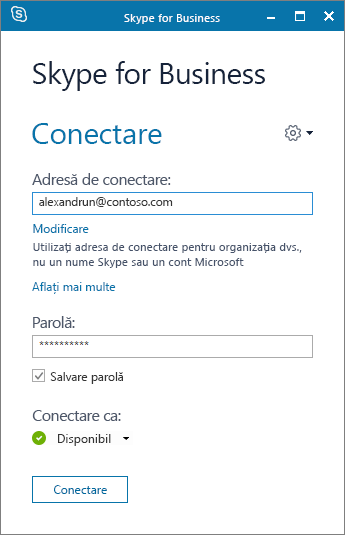 Captură de ecran cu ecranul de conectare Skype for Business.