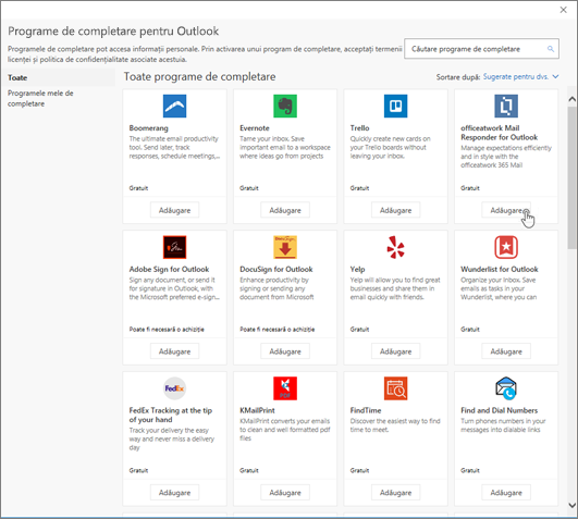 Captură de ecran care afișează pagina Programe de completare pentru Outlook.
