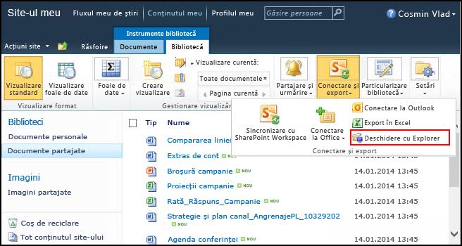 Folderul Documente partajate SharePoint 2010, opțiunea Deschidere cu Explorer