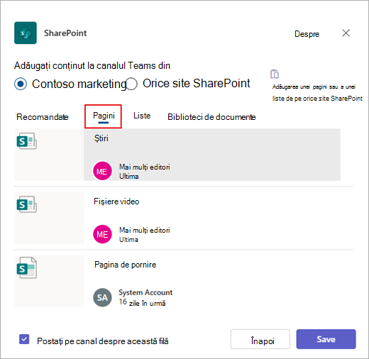Caseta de dialog Adăugați conținut la canalul Teams din.