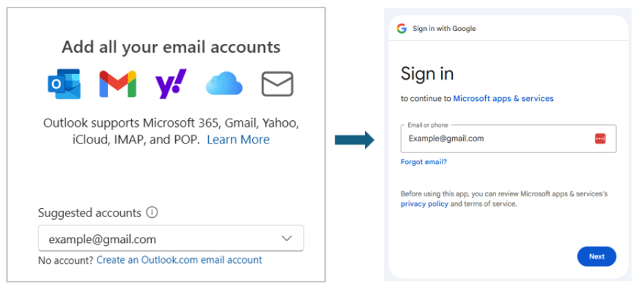 Captură de ecran cu adăugarea unui cont de e-mail de la terți în Outlook