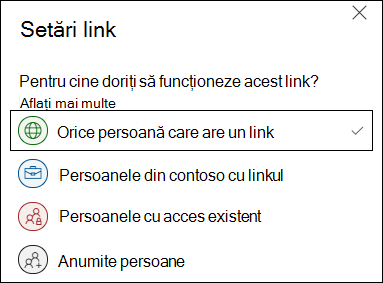 Opțiunea linkului OneDrive Oricine din Setări link.