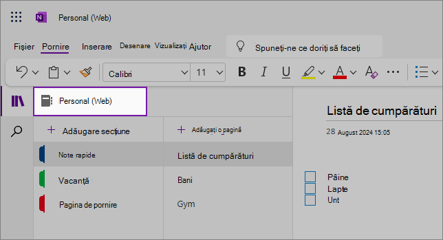 Vizualizarea interfeței de utilizator web OneNote afișând zona de conținut