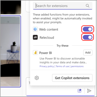 O fereastră pop-up de pe site-ul copilot afișând extensiile și opțiunile disponibile pentru a le activa.