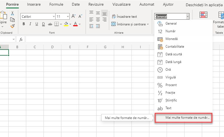 Meniul Format număr cu opțiunea mai multe formate de număr evidențiate.