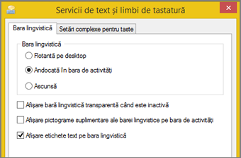 Servicii text și limbi de tastatură în Office 2016, Windows 8