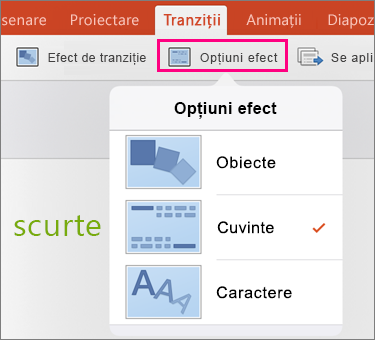 Afișează Opțiuni efect pentru tranziția Metamorfoză din PowerPoint 2016 pentru iPad