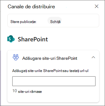 Captură de ecran a panoului pentru a adăuga site-uri SharePoint.