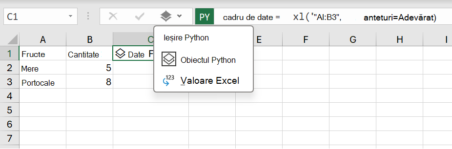Meniul de rezultate Python dintr-un registru de lucru Excel.