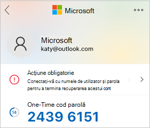 Captură de ecran care afișează codul de parolă unică Microsoft Authenticator.