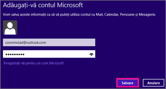Pagina Adăugați-vă contul Microsoft din Windows 8 Mail