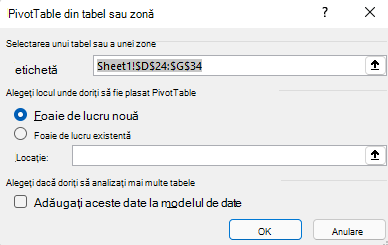 Caseta de dialog Creare PivotTable în Excel pentru Windows afișând zona de celule selectată și opțiunile implicite.