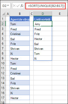 Se utilizează UNIQUE cu SORT pentru a returna o listă de nume în ordine crescătoare