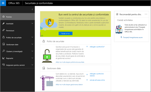 Captură de ecran a Office 365 securitatea și conformitatea centrare pagina de pornire.