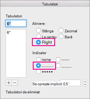 The Tab dialog box, set up for a right-aligned tab with dots