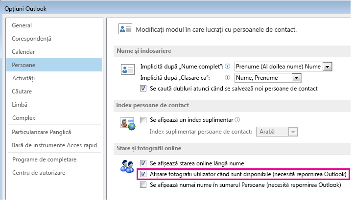 Captură de ecran a ferestrei Opțiuni Outlook cu caseta de selectare pentru activarea fotografiei evidențiată