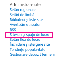 Secțiunea Site-uri și locuri de muncă din pagina Site Setări site