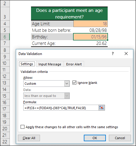 Exemplu de validare a datelor pentru a restricționa o intrare la o vârstă minimă
