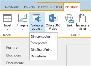 Captură de ecran a panglicii SharePoint Online. Selectați fila Inserare, apoi selectați Video și audio pentru a specifica dacă doriți să adăugați un fișier de pe computer, o locație SharePoint, o adresă web sau un cod încorporat.