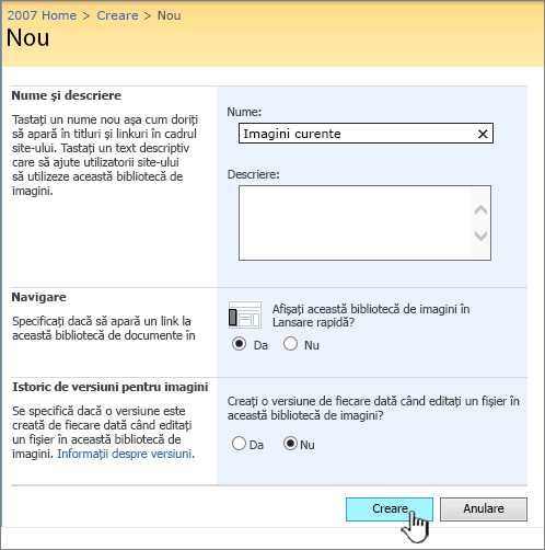 Completarea numelui, descrierii, navigării și versiunilor pentru o bibliotecă de imagini