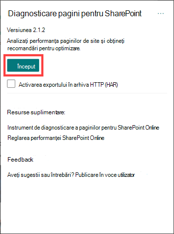 Page diagnostics for SharePoint tool start page