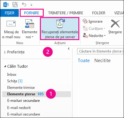 Selectați folderul Elemente șterse și faceți clic pe Recuperare elemente de pe server