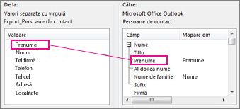 Maparea unei coloane din Excel într-un câmp de persoane de contact Outlook