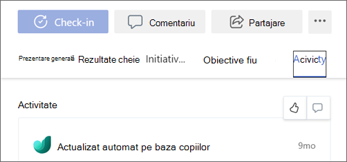 Captură de ecran a filei Activitate a unui Obiectiv cu pictograma degetul mare în sus selectată.