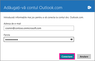 Pagina Adăugați-vă contul Outlook din Windows 8 Mail