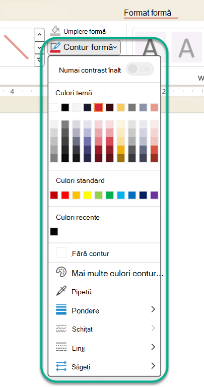 Afișează opțiunile pentru culorile de linii din Office