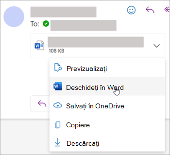 Captură de ecran afișând lista verticală pentru a deschide o atașare în Word