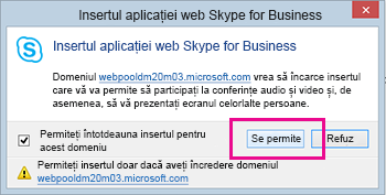 Autorizați domeniul insertului aplicație web Skype for Business