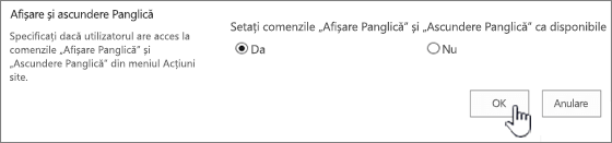 Afișare opțiune Ascundere panglică, cu opțiunea OK selectată