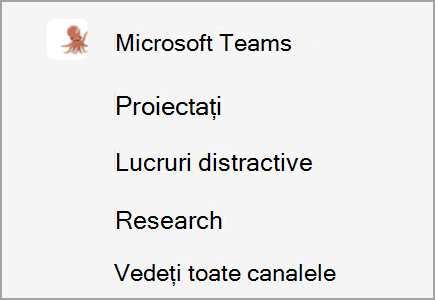 O echipă numită Microsoft Teams are canale pentru Proiectare, Lucruri distractive și Cercetare. Mai multe canale sunt ascunse.