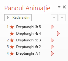 Faceți clic pe ANIMAȚII, apoi pe Panou animație pentru a afișa Panoul Animație. Numărul de la dreapta simbolului două puncte reflectă numărul din dreptunghi.