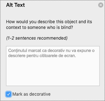 Caseta de selectare Marcați ca decorativ bifată în panoul Text alternativ din Word pentru Mac.