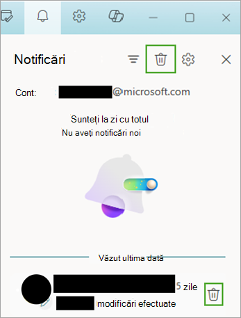 Utilizați pictograma notificări, apoi selectați Ștergere pentru a muta notificările