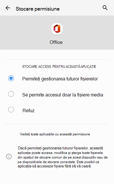 Permiteți gestionarea tuturor fișierelor în aplicația Microsoft Office pentru Android