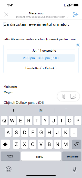 Afișează o schiță de e-mail pe un ecran iOS. Mesajul de e-mail listează data și ora la care este disponibil expeditorul.