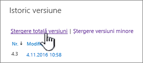 Caseta de dialog Versiune, cu opțiunea Ștergeți toate versiunile evidențiată