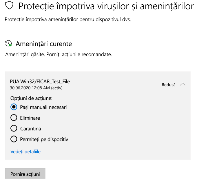 Acțiunile pe care le puteți efectua atunci când Securitate Windows a detectat o aplicație potențial nedorită