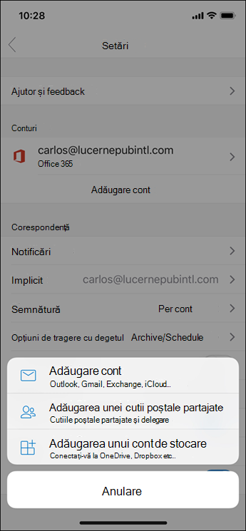 Adăugarea unui cont la aplicația Outlook