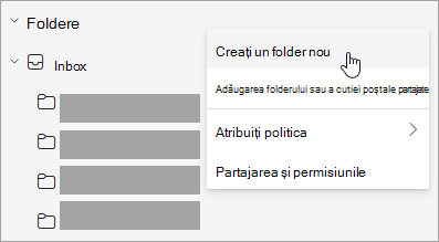 Captură de ecran cu Creare folder nou selectat în meniul Mai multe opțiuni din panoul de foldere
