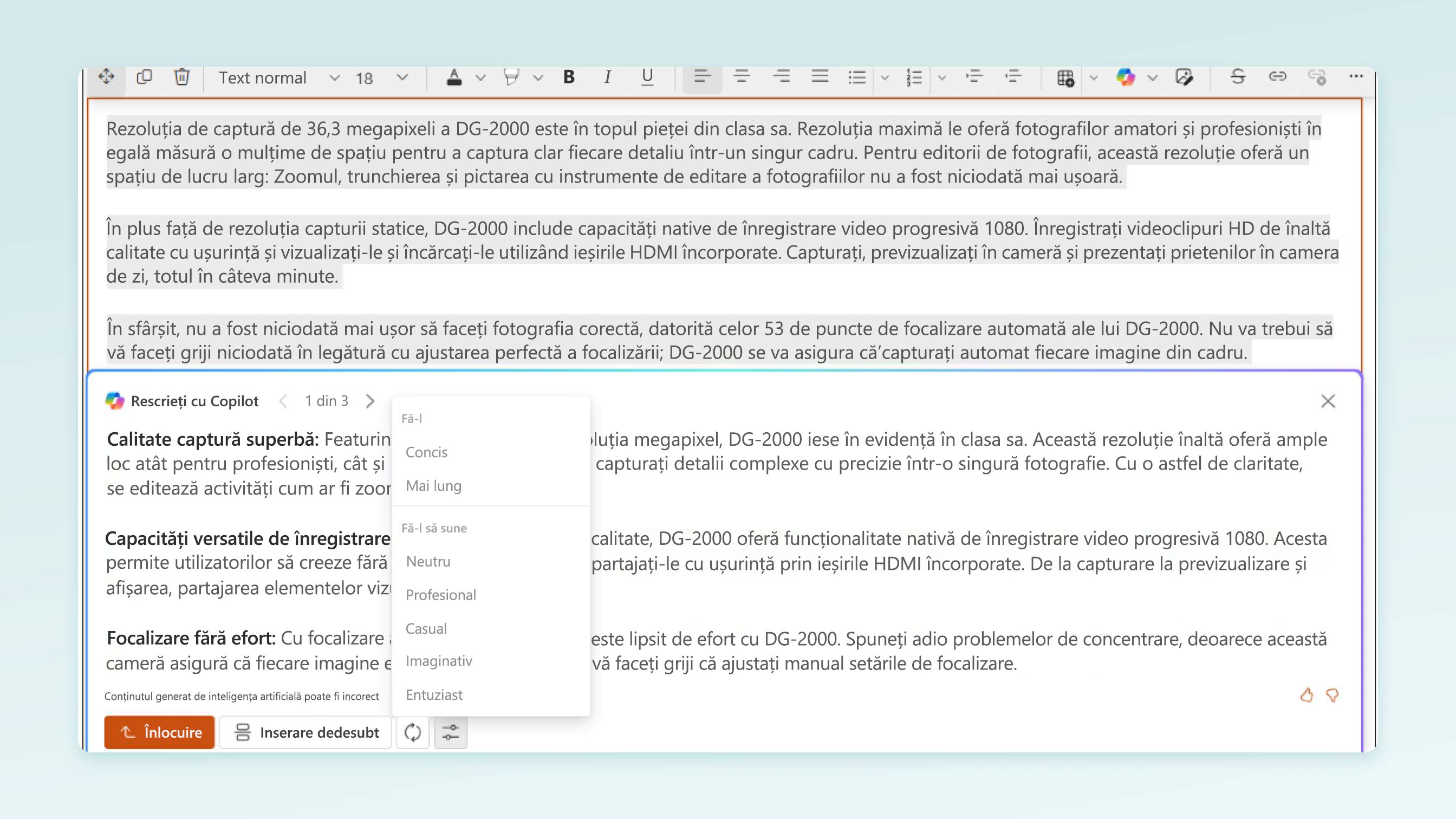 O captură de ecran Pentru pagina de destinație Scrieți cu Copilot în editorul de text îmbogățit SharePoint